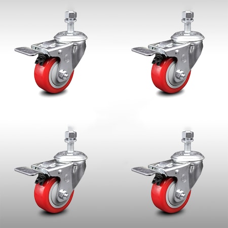 Service Caster 3 Inch SS Red Polyurethane 1/2 Inch Threaded Stem Caster Set Total Lock Brake SCC-SSTSTTL20S314-PPUB-RED-121315-4